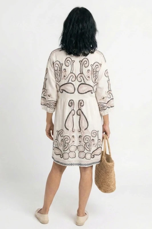 Sukienka damska ecru boho we wzory oversize krótka Made in Italy