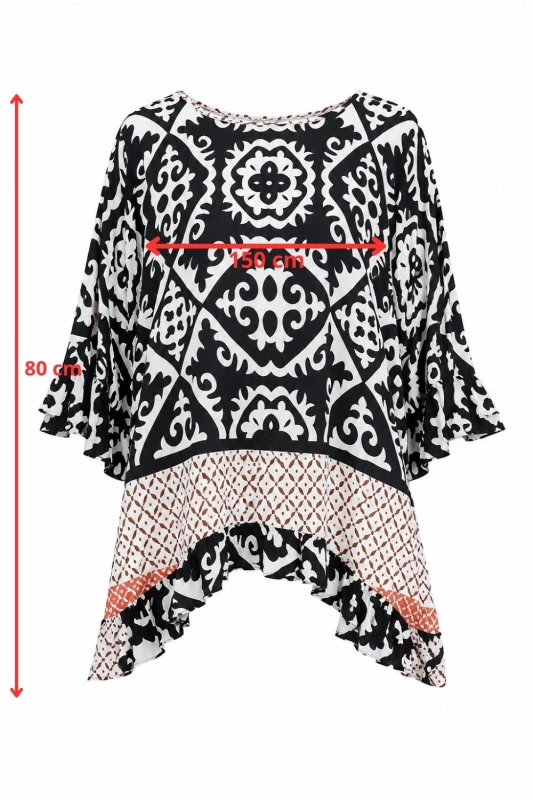 Bluzka damska czarno-biała we wzory z falbanami oversize 100% wiskoza Italy