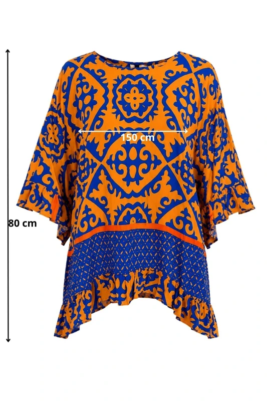 Bluzka damska pomarańczowo-chabrowa we wzory z falbanami oversize 100% wiskoza Italy