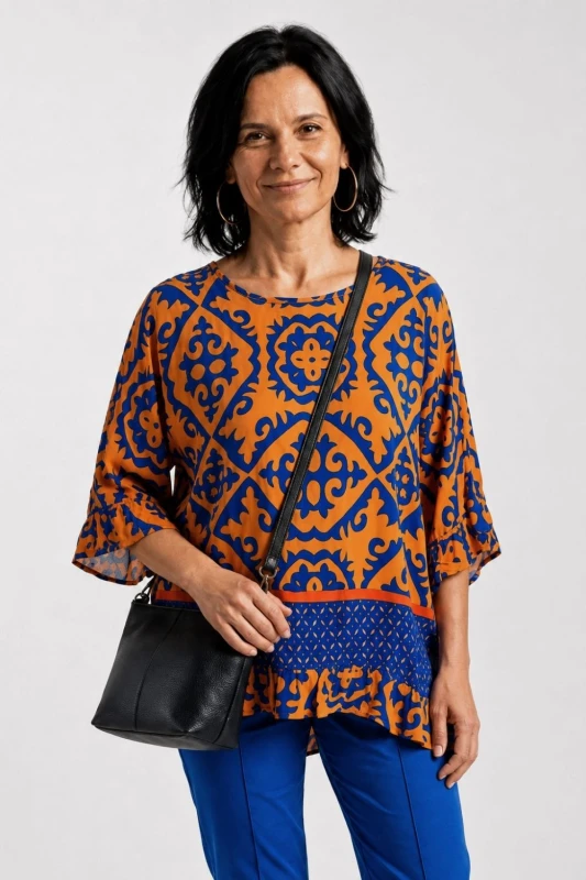 Bluzka damska pomarańczowo-chabrowa we wzory z falbanami oversize 100% wiskoza Italy