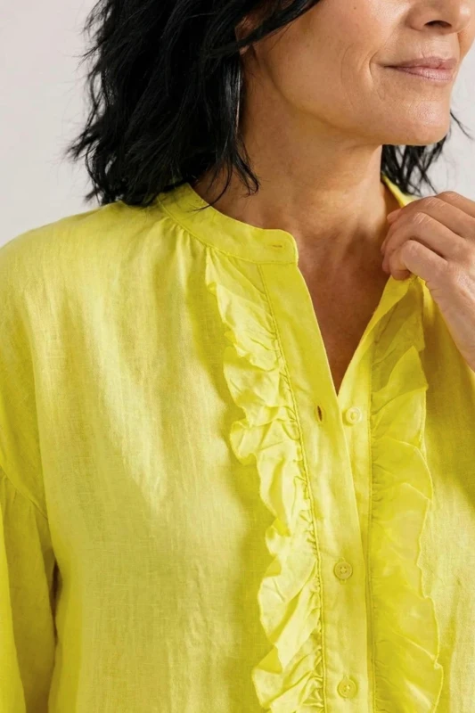 Bluzka damska żółta koszulowa z falbaną elegancka oversize Italy