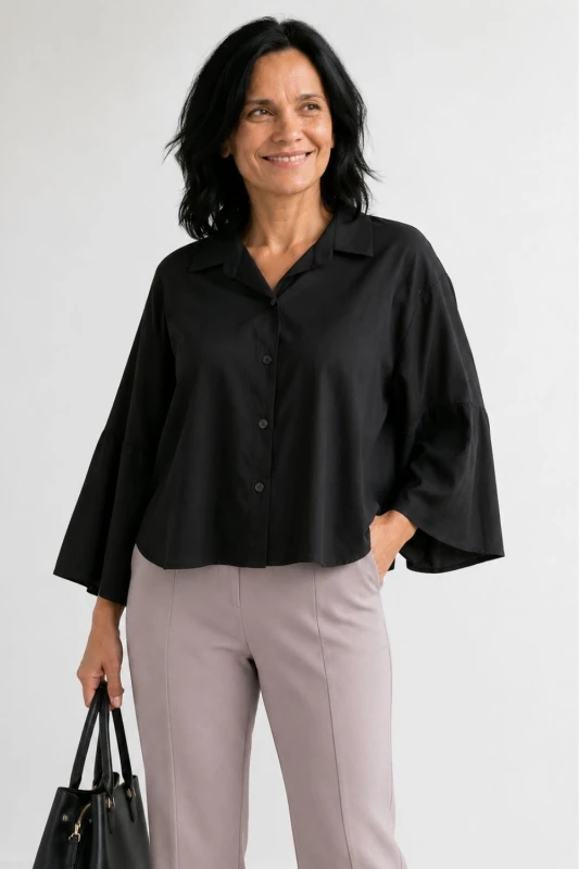 Bluzka koszula damska czarna szerokie rękawy elegancka Italy