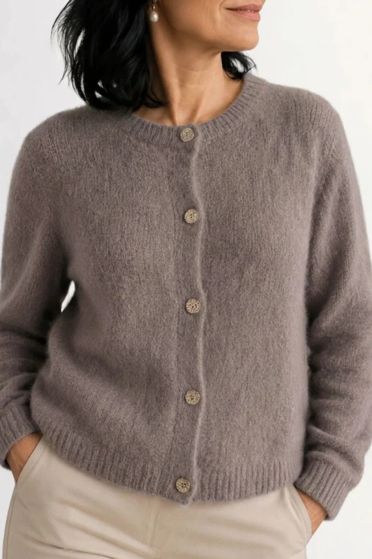 Sweter kardigan damski beżowy 30% baby alpaka ozdobne guziki S/M