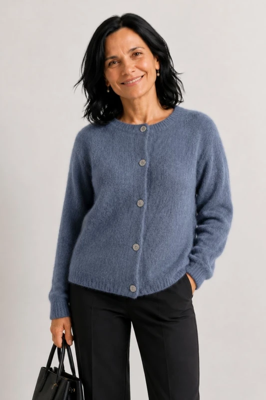 Sweter kardigan damski niebieski 30% baby alpaka ozdobne guziki M/L