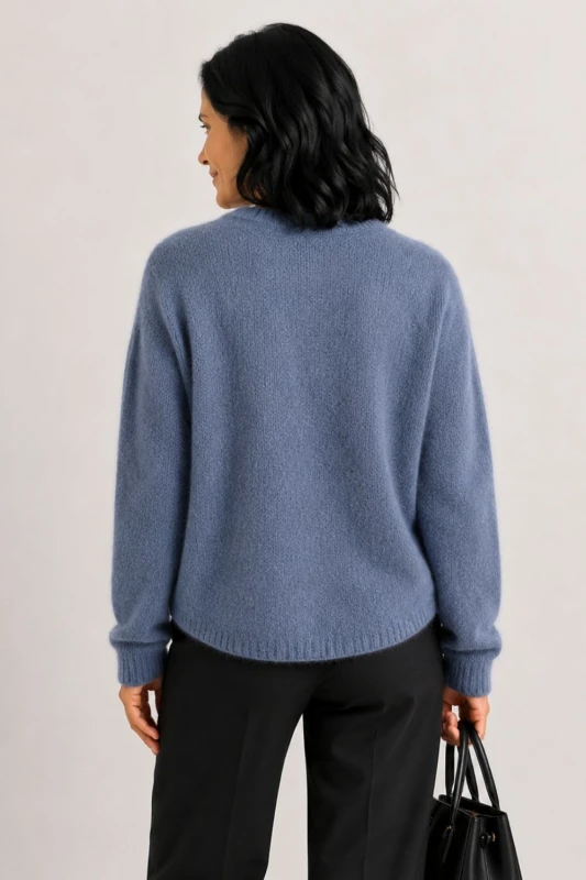 Sweter kardigan damski niebieski 30% baby alpaka ozdobne guziki M/L
