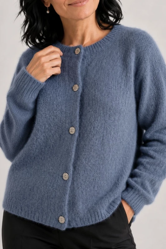 Sweter kardigan damski niebieski 30% baby alpaka ozdobne guziki M/L