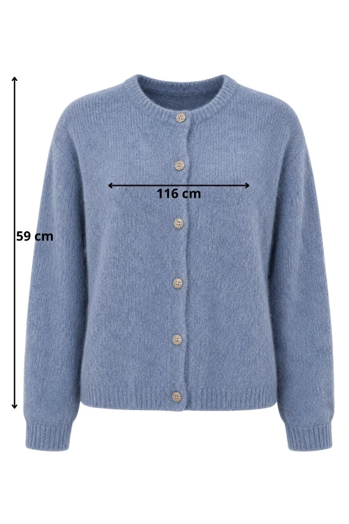 Sweter kardigan damski niebieski 30% baby alpaka ozdobne guziki M/L