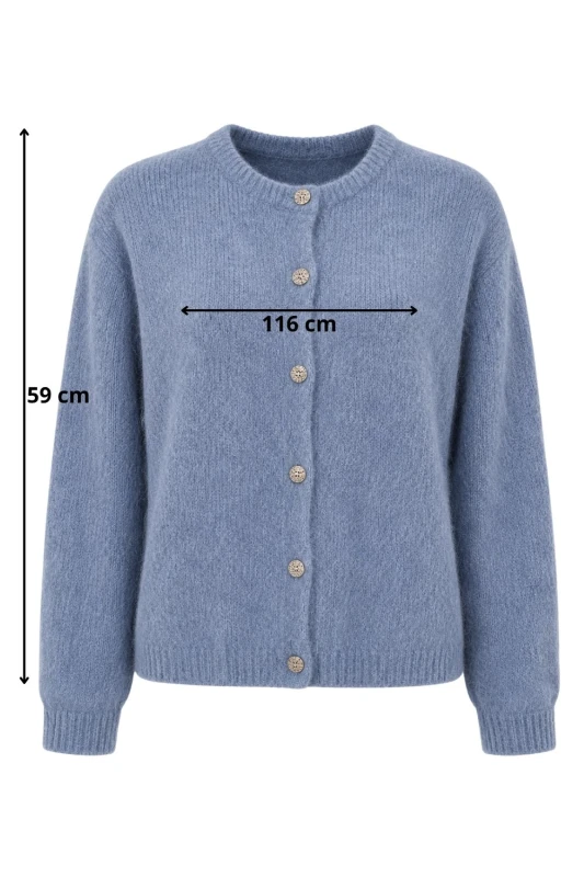 Sweter kardigan damski niebieski 30% baby alpaka ozdobne guziki M/L