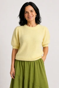 Sweter damski pastelowy żółty 30% alpaka bufki krótki rękaw Italy