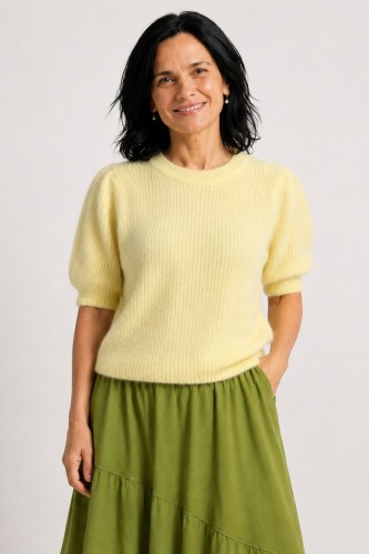 Sweter damski pastelowy żółty 30% alpaka bufki krótki rękaw Italy