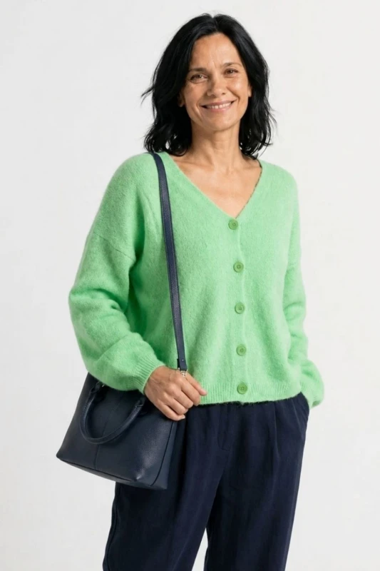 Sweter kardigan damski miętowy 30% alpaka dekolt w serek One Size