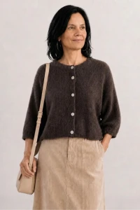 Sweter kardigan damski czekoladowy 30% alpaka guziki One Size