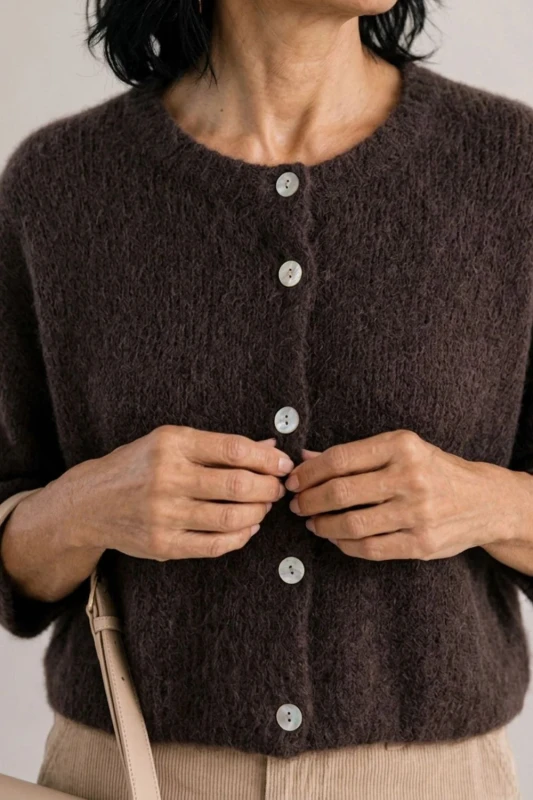Sweter kardigan damski czekoladowy 30% alpaka guziki One Size