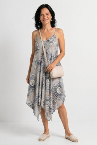 Sukienka damska beżowa we wzory wiskoza asymetryczna na ramiączkach Italy