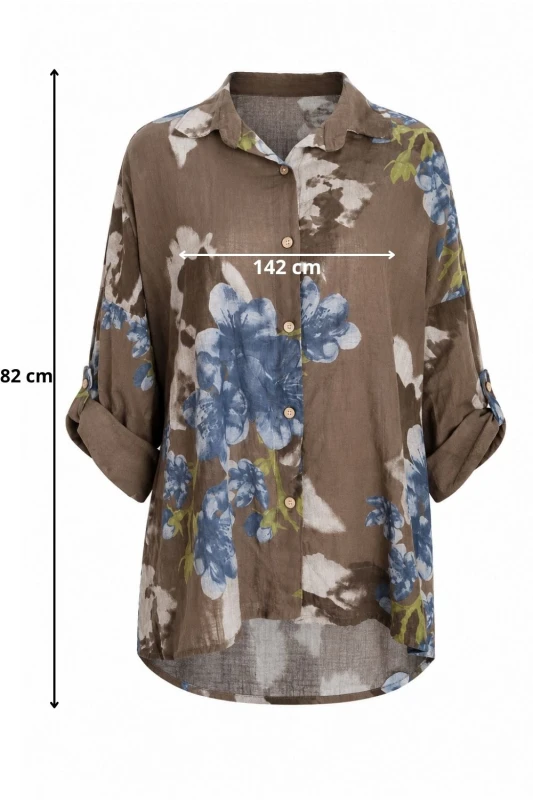 Bluzka koszula damska brązowa w kwiaty oversize 100% bawełna Italy