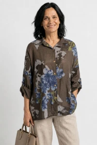 Bluzka koszula damska brązowa w kwiaty oversize 100% bawełna Italy