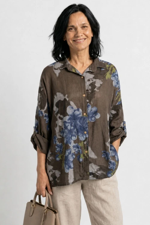 Bluzka koszula damska brązowa w kwiaty oversize 100% bawełna Italy