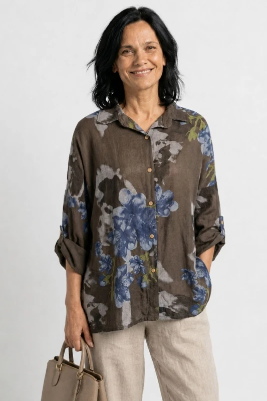 Bluzka koszula damska brązowa w kwiaty oversize 100% bawełna Italy