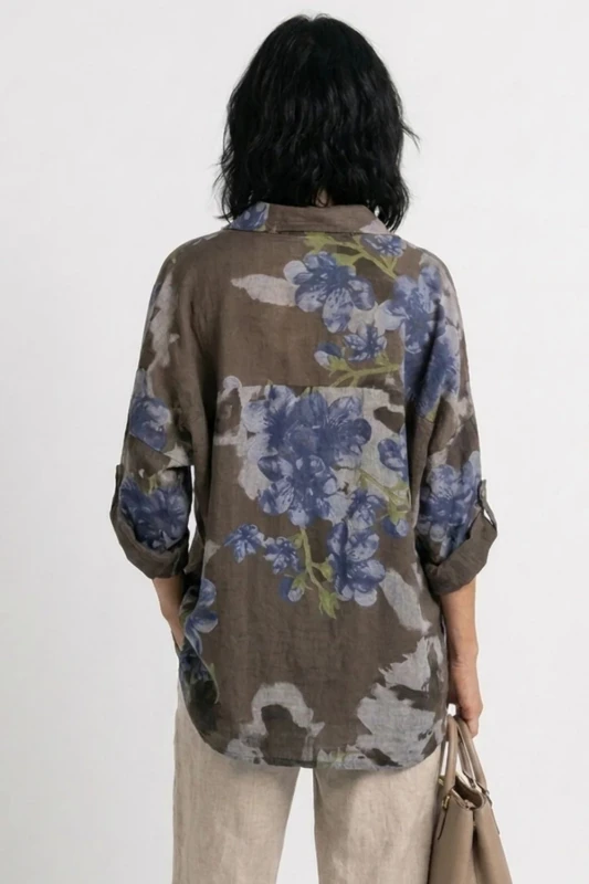 Bluzka koszula damska brązowa w kwiaty oversize 100% bawełna Italy