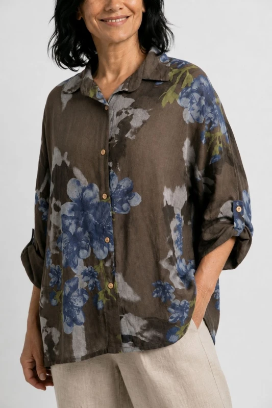 Bluzka koszula damska brązowa w kwiaty oversize 100% bawełna Italy
