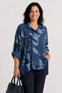 Bluzka koszula damska granatowa w kwiaty oversize 100% bawełna Italy 