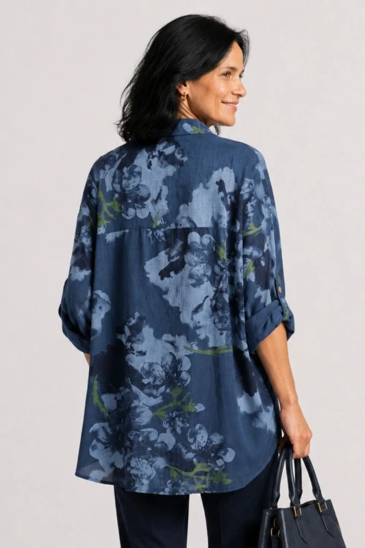 Bluzka koszula damska granatowa w kwiaty oversize 100% bawełna Italy