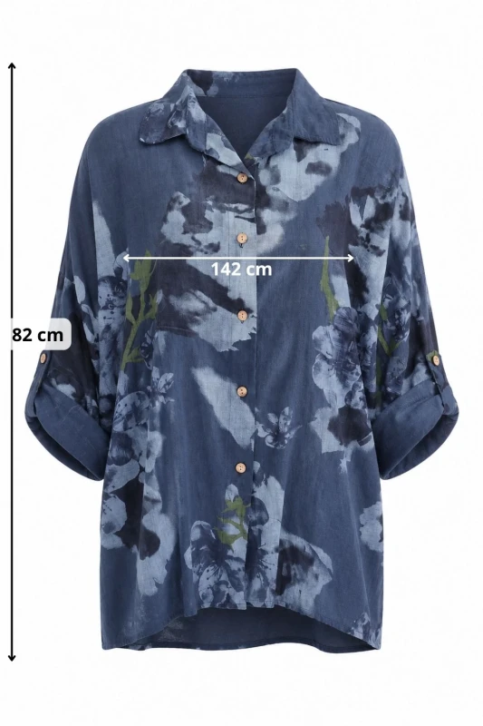 Bluzka koszula damska granatowa w kwiaty oversize 100% bawełna Italy