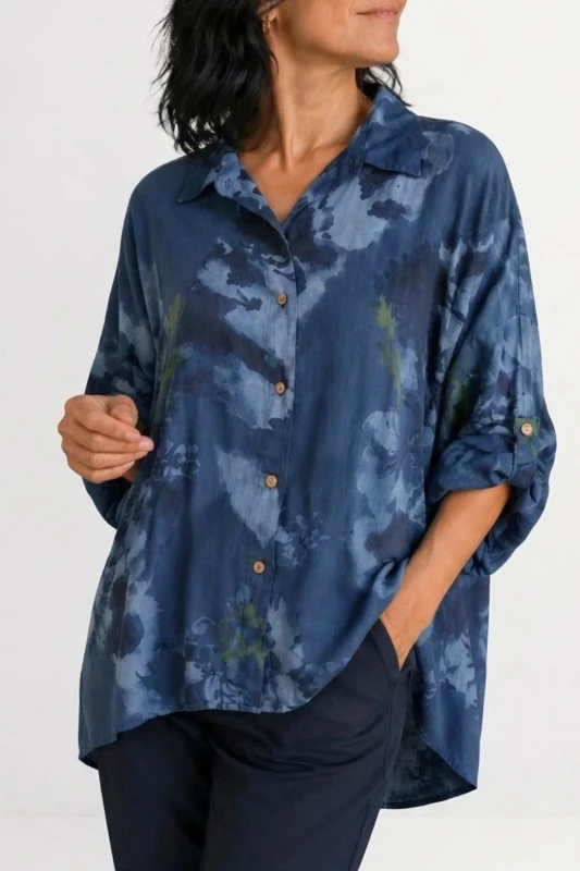 Bluzka koszula damska granatowa w kwiaty oversize 100% bawełna Italy
