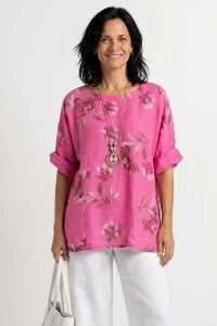 Bluzka damska różowa w kwiaty oversize 100% bawełna Italy 
