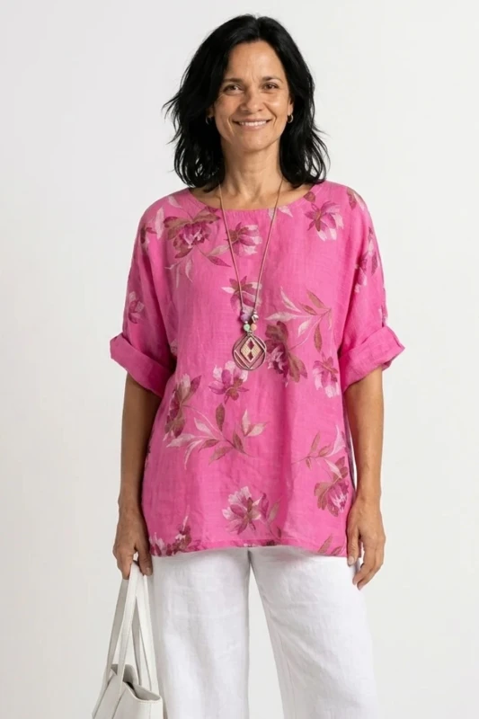 Bluzka damska różowa w kwiaty oversize 100% bawełna Italy