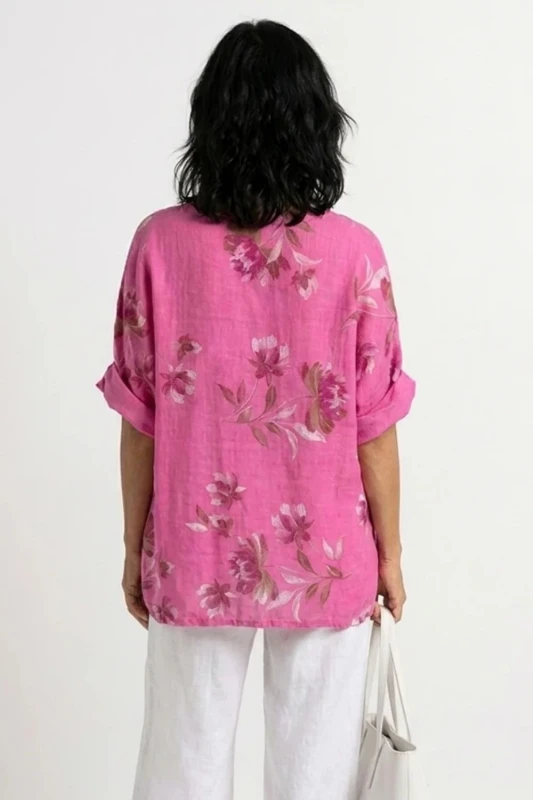 Bluzka damska różowa w kwiaty oversize 100% bawełna Italy