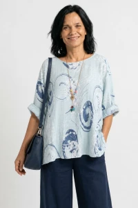 Bluzka damska błękitna we wzory oversize 100% bawełna Italy   