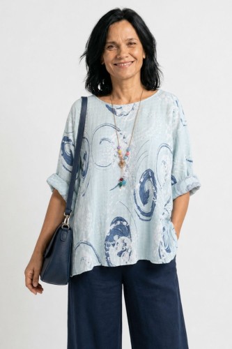 Bluzka damska błękitna we wzory oversize 100% bawełna Italy
