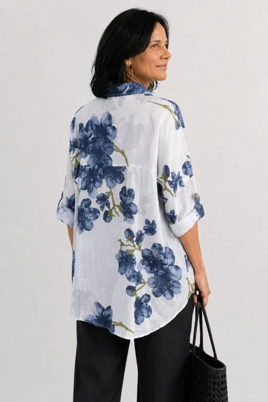 Bluzka koszula damska biała w kwiaty oversize 100% bawełna Italy