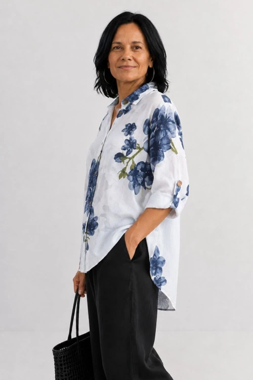 Bluzka koszula damska biała w kwiaty oversize 100% bawełna Italy