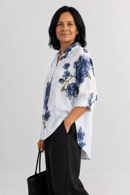 Bluzka koszula damska biała w kwiaty oversize 100% bawełna Italy