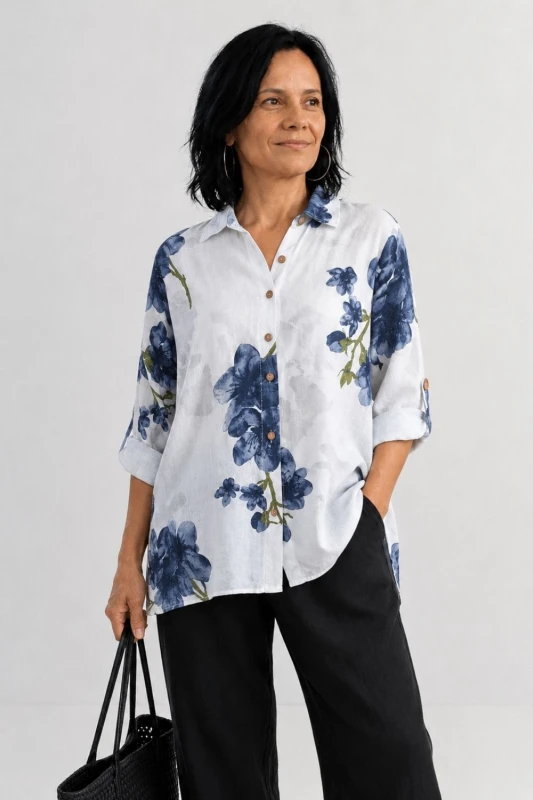 Bluzka koszula damska biała w kwiaty oversize 100% bawełna Italy