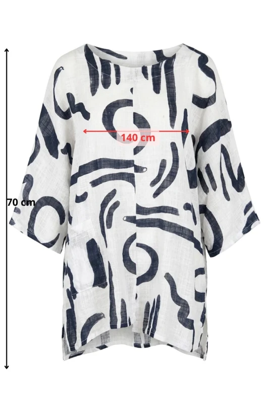 Bluzka damska biała w granatowe wzory z kieszonką oversize 100% bawełna Italy