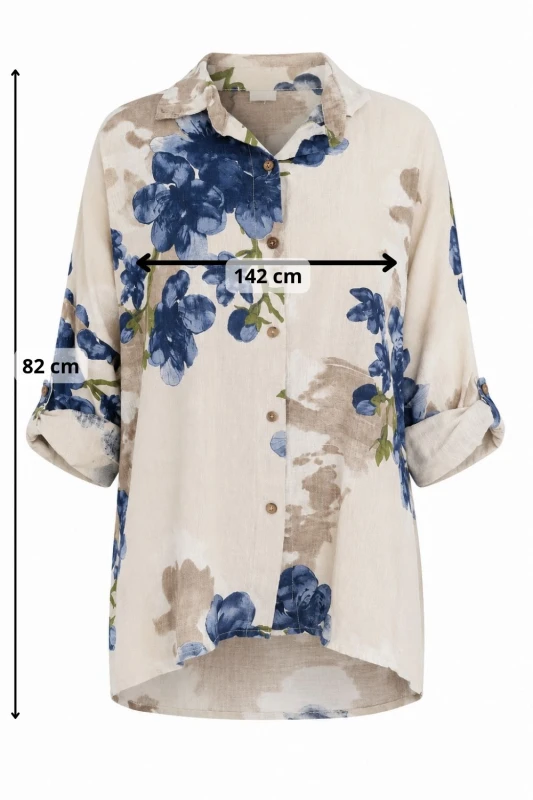 Bluzka koszula damska beżowa w kwiaty oversize 100% bawełna Italy