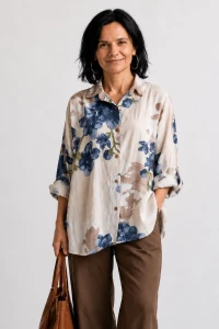 Bluzka koszula damska beżowa w kwiaty oversize 100% bawełna Italy  