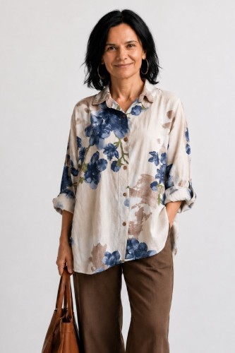 Bluzka koszula damska beżowa w kwiaty oversize 100% bawełna Italy