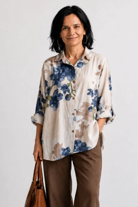 Bluzka koszula damska beżowa w kwiaty oversize 100% bawełna Italy