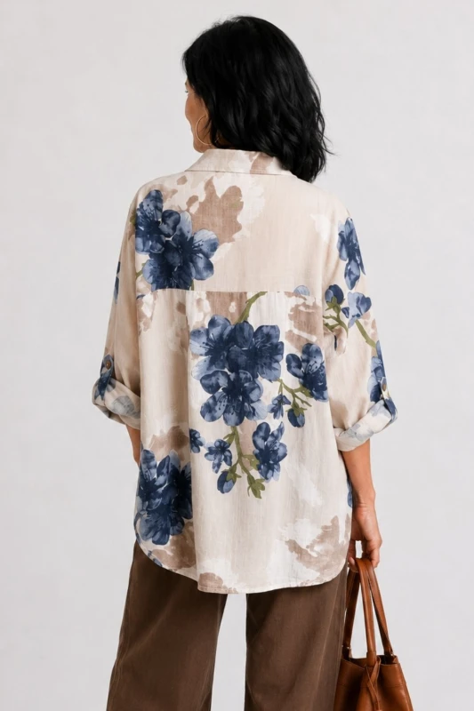 Bluzka koszula damska beżowa w kwiaty oversize 100% bawełna Italy
