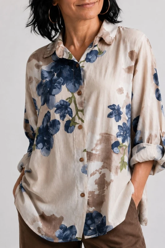 Bluzka koszula damska beżowa w kwiaty oversize 100% bawełna Italy