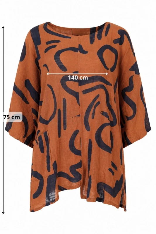 Bluzka damska brązowa w granatowe wzory z kieszonką oversize 100% bawełna Italy