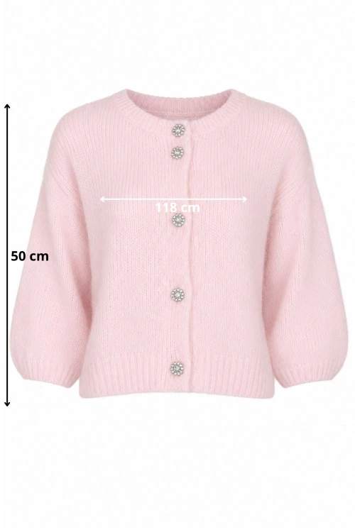 Sweter kardigan damski pudrowy róż 30% alpaka kryształowe guziki