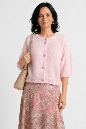 Sweter kardigan damski pudrowy róż 30% alpaka kryształowe guziki