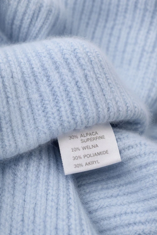 Sweter damski błękitny 30% alpaka bufki krótki rękaw Italy