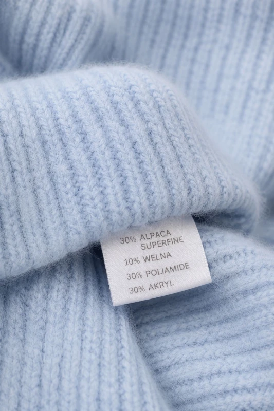 Sweter damski błękitny 30% alpaka bufki krótki rękaw Italy