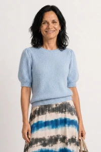 Sweter damski błękitny 30% alpaka bufki krótki rękaw Italy  